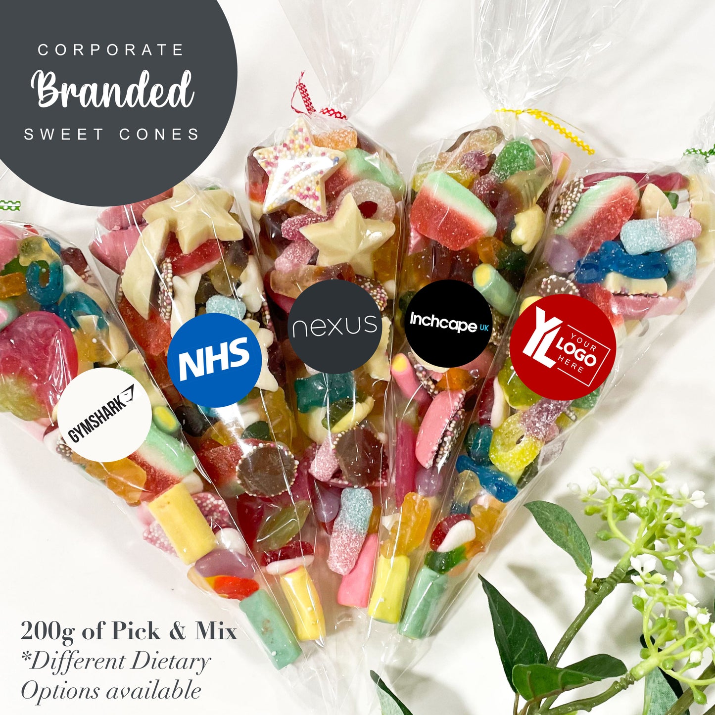 Corporate Sweet Cones 200g with Custom Company Stickers, Corporate Sweet Gift Cones, Company Pick & Mix Sweet Cones, Custom Sticker