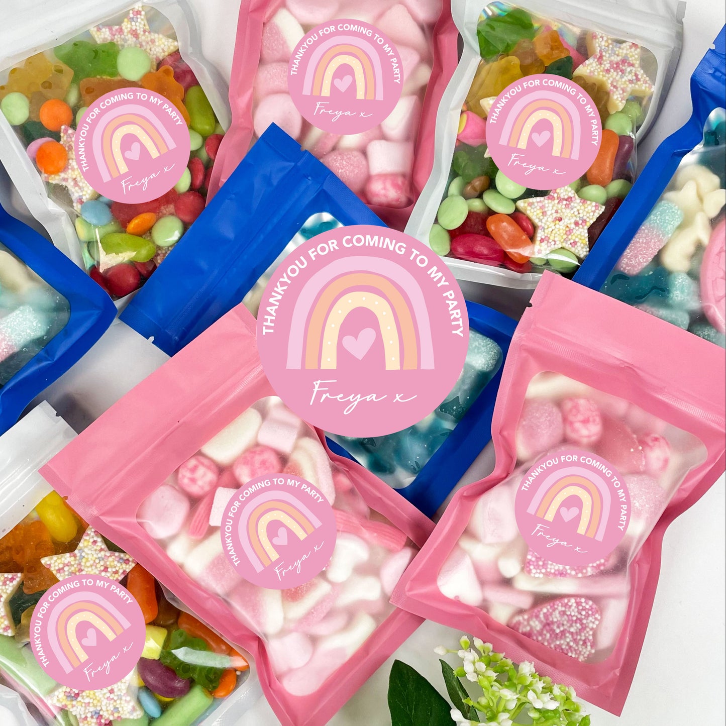 PERSONALISED Rainbow party favours Pick & Mix Pouches, Sweet Party Favours, 90g Sweet Pouch, thankyou for coming to my party