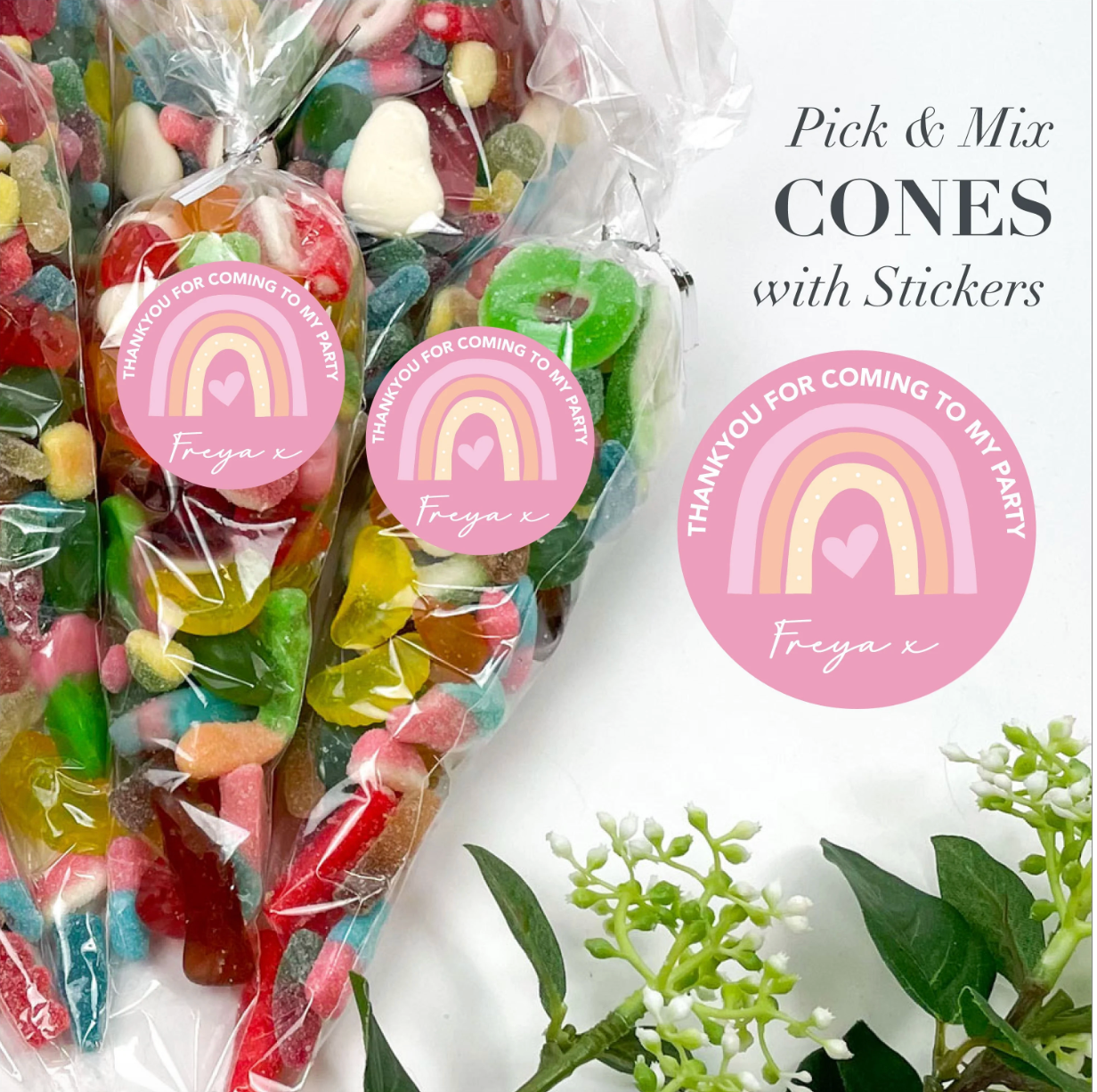 PERSONALISED Rainbow Thank you for coming to my party Sweet Cones 200g, Sweet Gift, Party Sweet Pouches, Pick and Mix, Party Favours