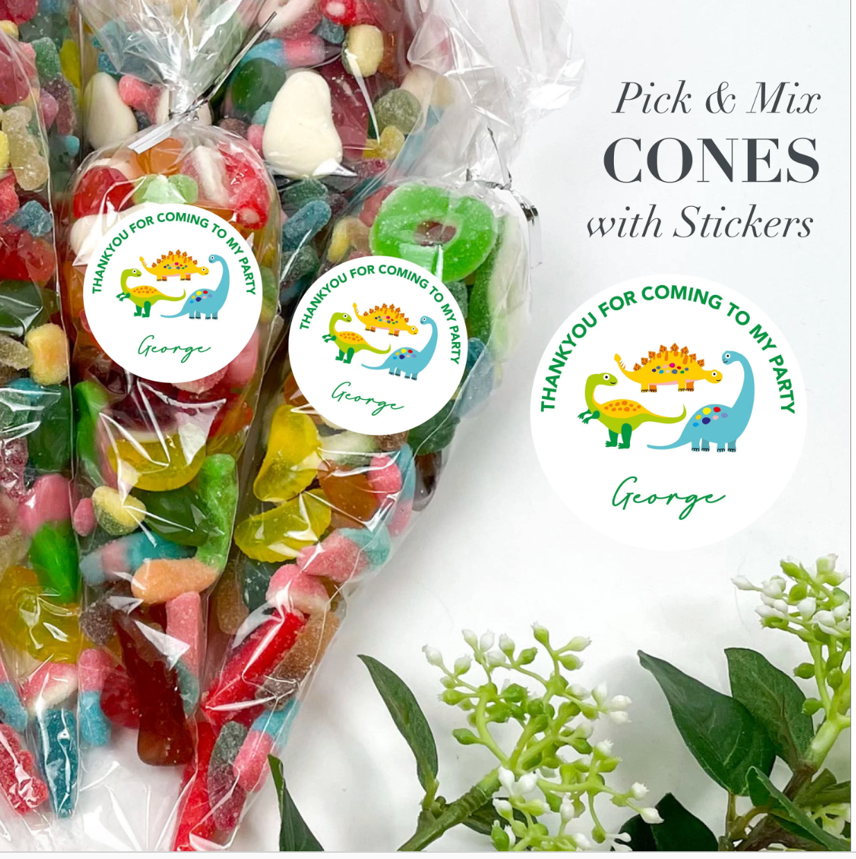 PERSONALISED Dinosaur Theme Thank you for coming to my party Sweet Cones 200g, Sweet Gift, Party Sweet Pouches, Pick and Mix, Party Favours