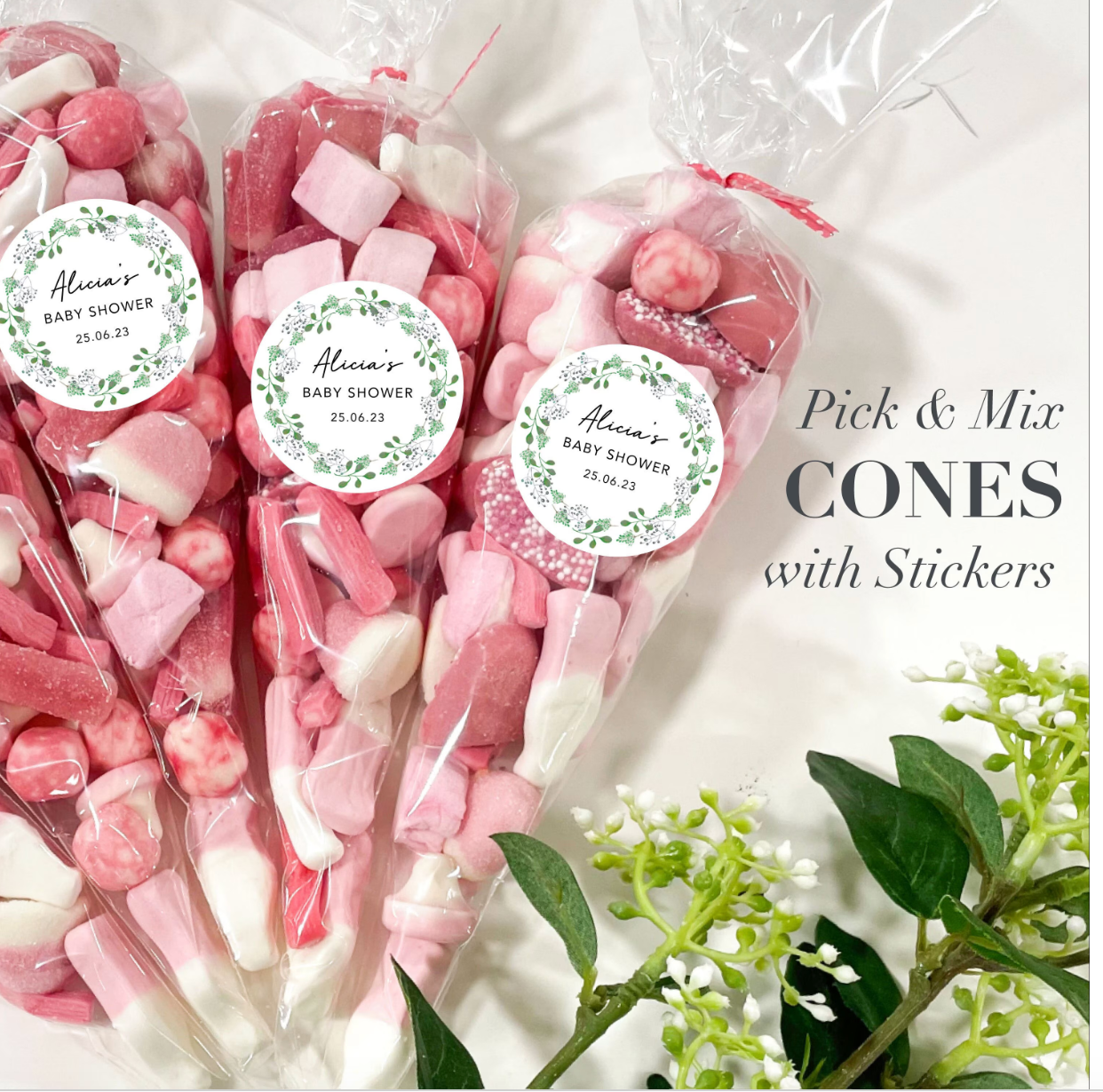 PERSONALISED Baby Shower Sweet Cones with Stickers 200g, Baby Shower Party Sweet Favour Cones, Pick and Mix, Baby Shower Party Favour Gifts