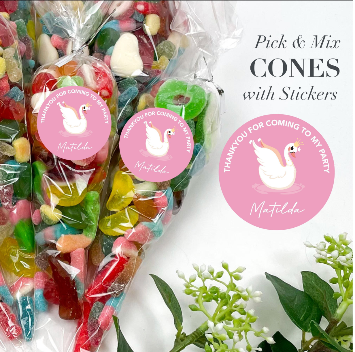 PERSONALISED Pink Swan Sweet Cones Thank you for coming to my party Sweet Cones 200g, Sweet Gift, Party Sweet Pouches, Pick and Mix, Party Favours