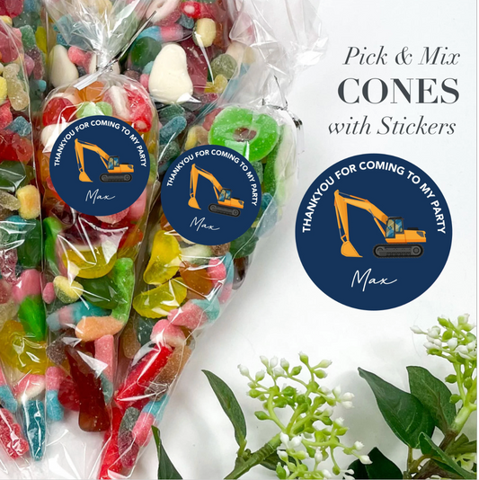 PERSONALISED Digger Sweet Cones Thank you for coming to my party Sweet Cones 200g, Sweet Gift, Party Sweet Pouches, Pick and Mix, Party Favours