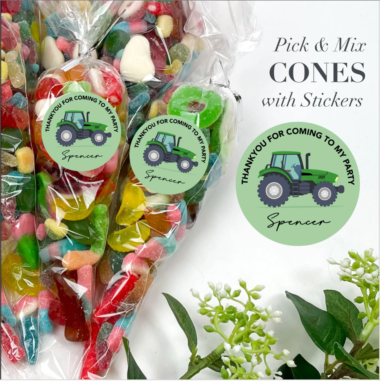 PERSONALISED Tractor Sweet Cones Thank you for coming to my party Sweet Cones 200g, Sweet Gift, Party Sweet Pouches, Pick and Mix, Party Favours