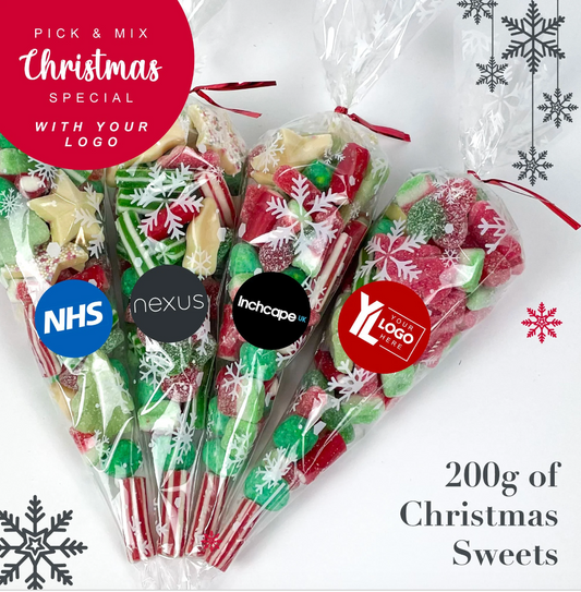 Custom Company Branded CHRISTMAS Sweet Cones 200g with Custom Stickers, Corporate Sweet Gift, Christmas Party Pick & Mix Sweet Cones